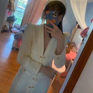 White Tweed Long Coat Dress - Elegant Gold Button Jacket